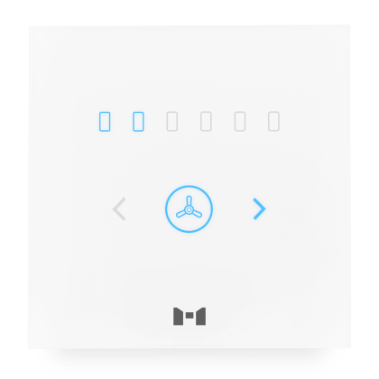 A sleek pearl white MTronic smart Fan Dimmer with 2 out of 6 speed options shining blue and a grey MRS logo at the bottom