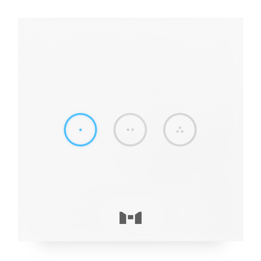 A sleek pearl white 4 Gang smart Touch Panel with 1 gang illuminated blue to show it is switched on