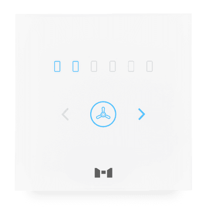 A sleek pearl white MTronic smart Fan Dimmer with 2 out of 6 speed options shining blue and a grey MRS logo at the bottom