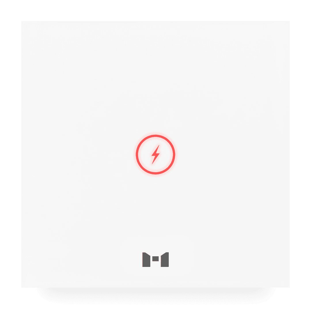 A sleek pearl white MTronic Power Panel with a small blue lightening bolt in a circle and a grey MRS logo at the bottom