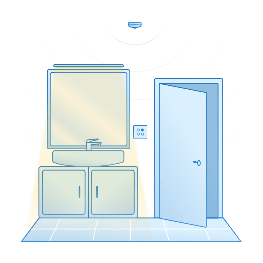 Washroom light and exhaust turned on as MTronic's Motion and Light sensor detects someone enter