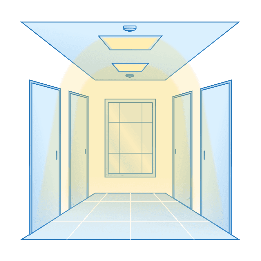 Series of MTronic Motion and Light sensors installed in a corridor